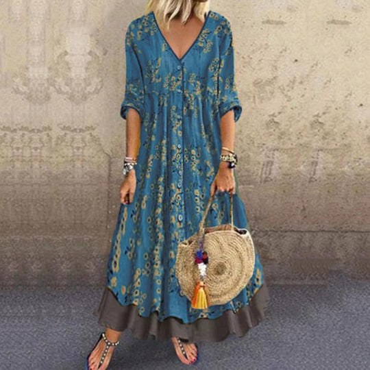Damen Maxikleid im Boho‑Stil mit V‑Ausschnitt, durchgehender Knopfleiste und Stufenrock Shop Nory