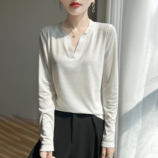 Damen Langärmliges Feinstrickshirt mit geschlitztem V-Kragen Shop Nory