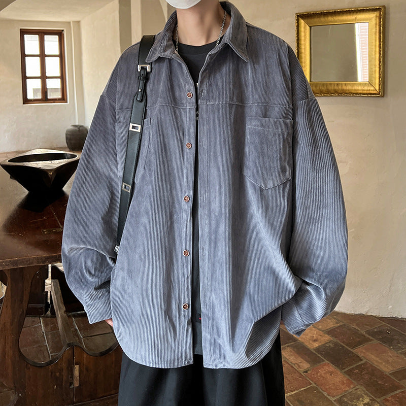 Herren oversized Kordhemdjacke mit aufgesetzten Brusttaschen, abgerundetem Saum und lockerer Silhouette Shop Nory