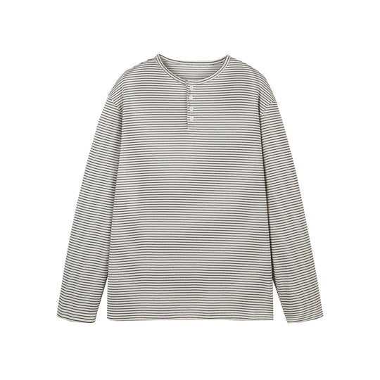 Unisex Gestreiftes Henley-Langarmshirt mit Knopfleiste und Oversize-Schnitt Shop Nory
