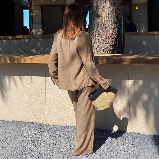 Damen entspanntes Leinen Lounge Set mit Oversize Hemd und Kordelbund Palazzohose Shop Nory