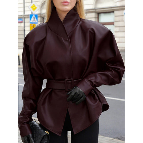 Damen Lederoptik Jacke mit tailliertem Gürtel und hohem Stehkragen Shop Nory