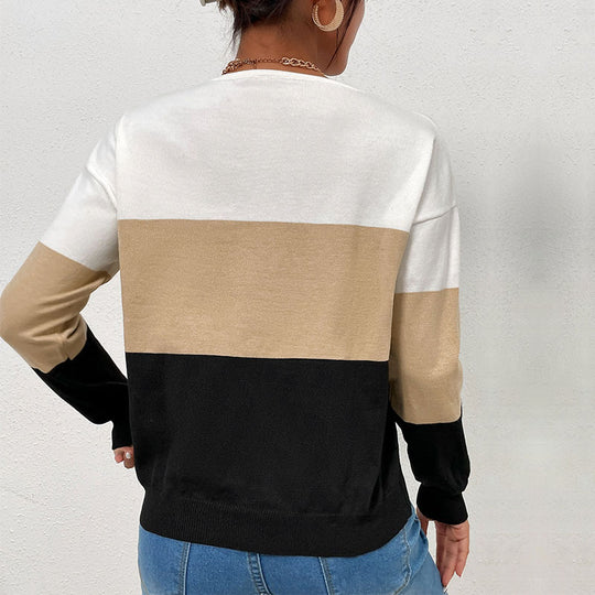 Damen Eleganter V‑Ausschnitt Feinstrickpullover mit breiten Blockstreifen Shop Nory