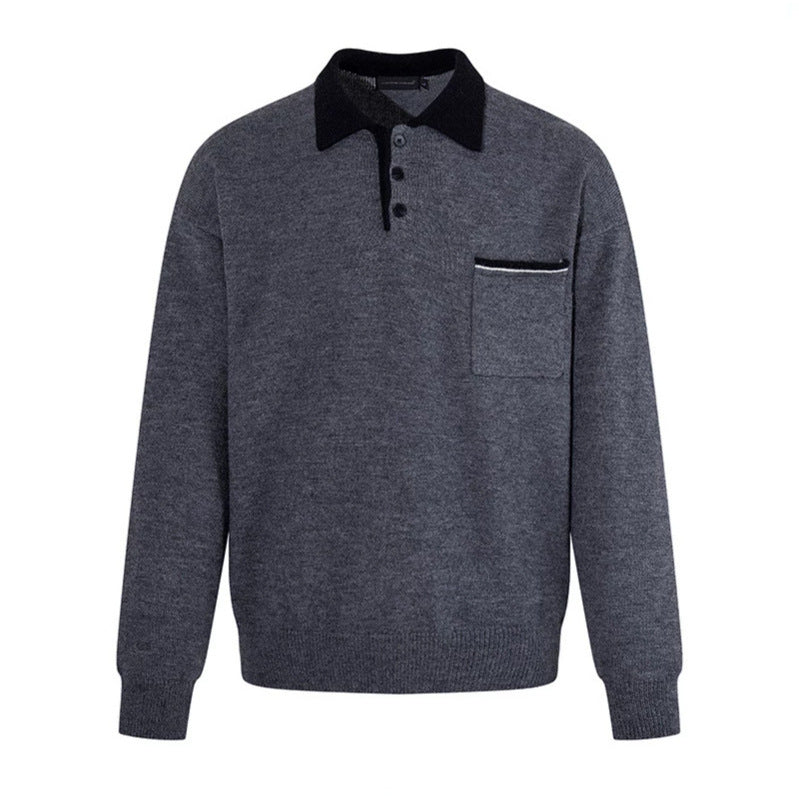 Herren Poloshirt-Strickpullover mit Knopfleiste, Brusttasche und Kontrastkragen Shop Nory