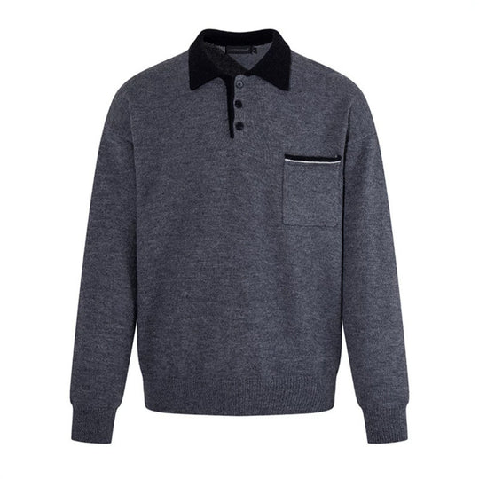 Herren Poloshirt-Strickpullover mit Knopfleiste, Brusttasche und Kontrastkragen Shop Nory