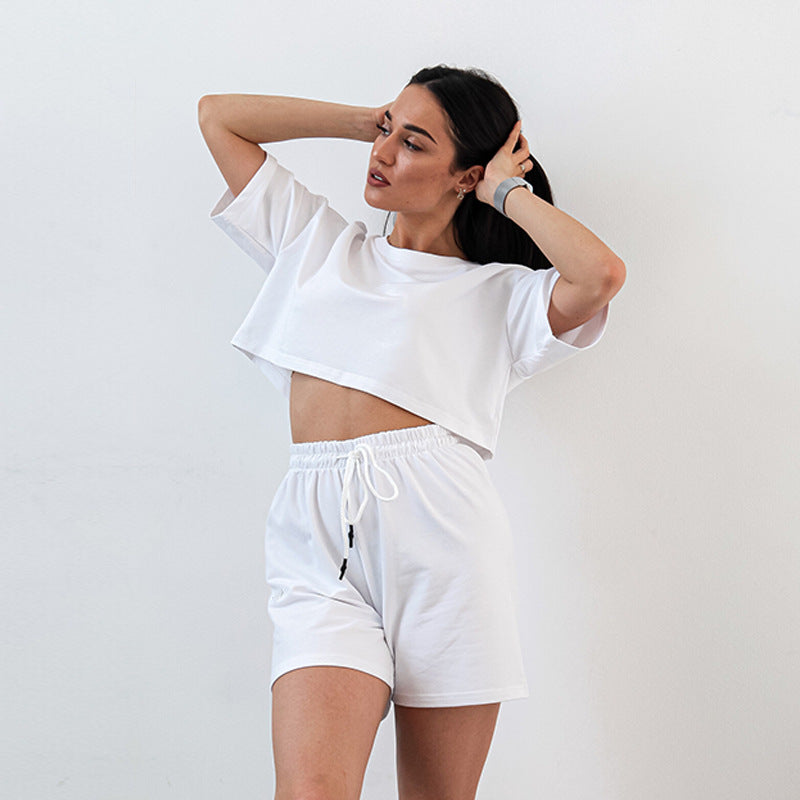 Damen Zweiteiliges Cropped-Lounge-Set aus Baumwolljersey mit elastischer Kordelzug-Shorts Shop Nory