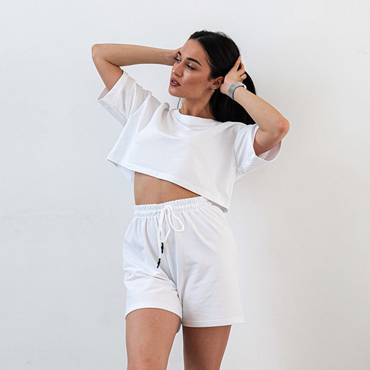 Damen Zweiteiliges Cropped-Lounge-Set aus Baumwolljersey mit elastischer Kordelzug-Shorts Shop Nory