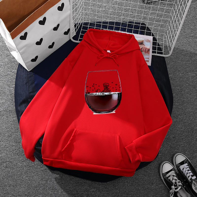 Damen nan lässiger Kapuzenhoodie mit fotorealistischer Weinglas‑Grafik, Kängurutasche und weichem Fleece Shop Nory