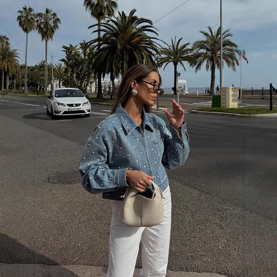 Damen Gekürzte Denim-Jacke mit Perlenbesatz und Oversize-Ärmeln Shop Nory