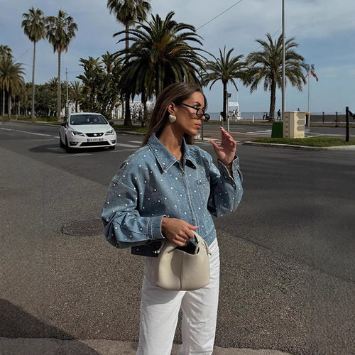 Damen Gekürzte Denim-Jacke mit Perlenbesatz und Oversize-Ärmeln Shop Nory