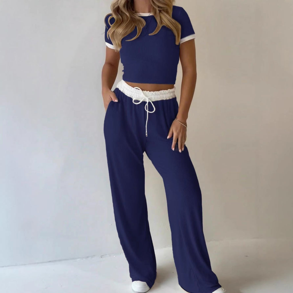 Damen lässiges zwei-teiliges Freizeit-Set mit cropped T-Shirt und weiten Hose
