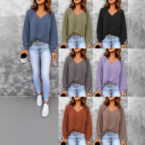 Damen Feinstruktur-Strickpullover mit V-Ausschnitt, Ballonärmeln und Rippbündchen Shop Nory
