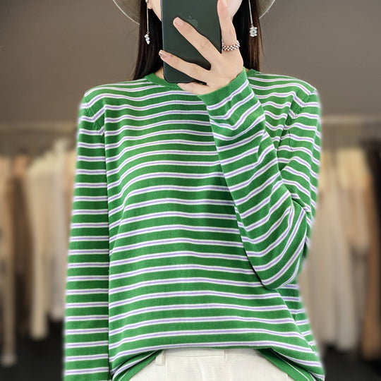 Damen Leichter Baumwollmix-Streifenpullover mit Rundhals, Raglanärmeln und lässiger Silhouette Shop Nory