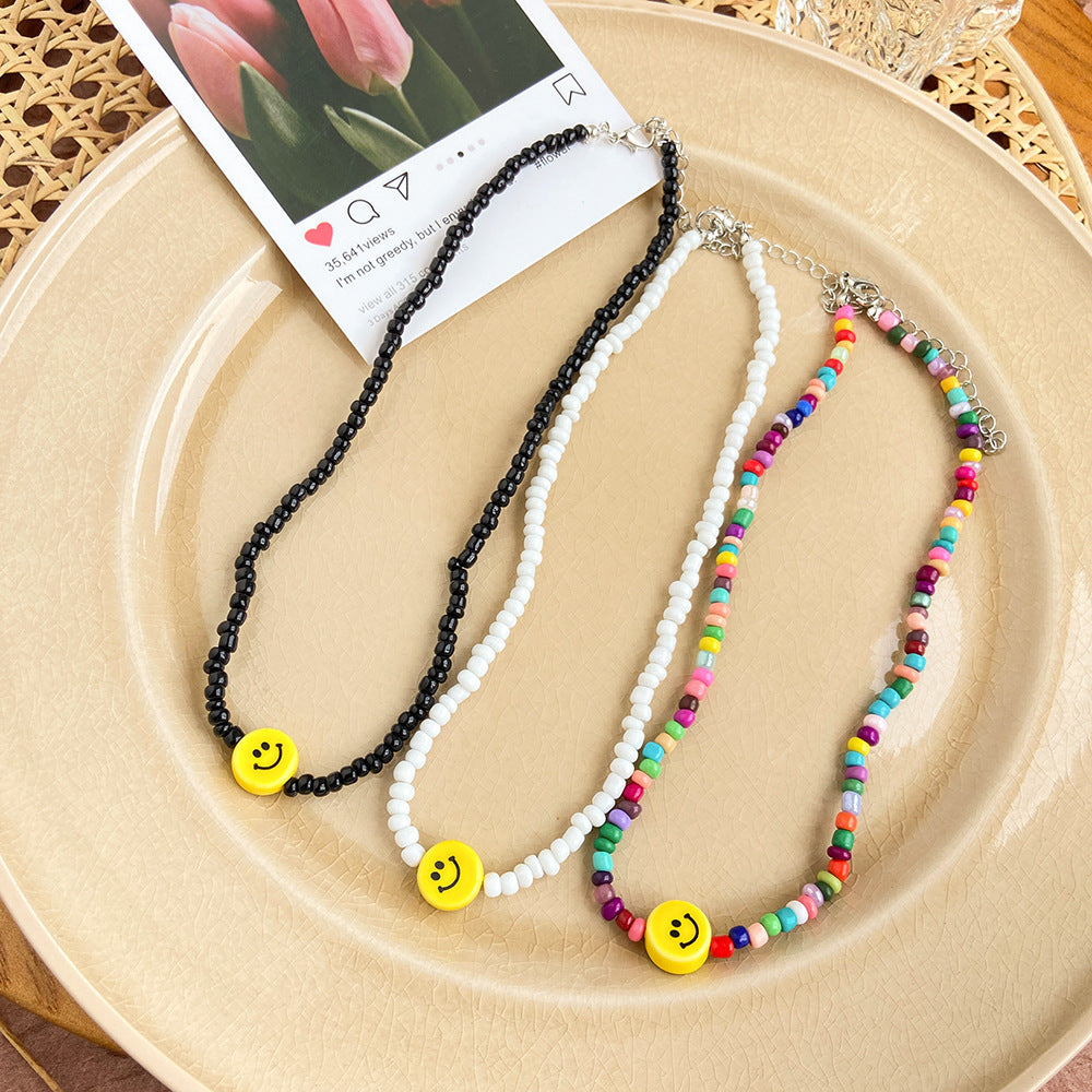 Damen Halskette mit bunten Perlen und Smiley-Anhänger Shop Nory