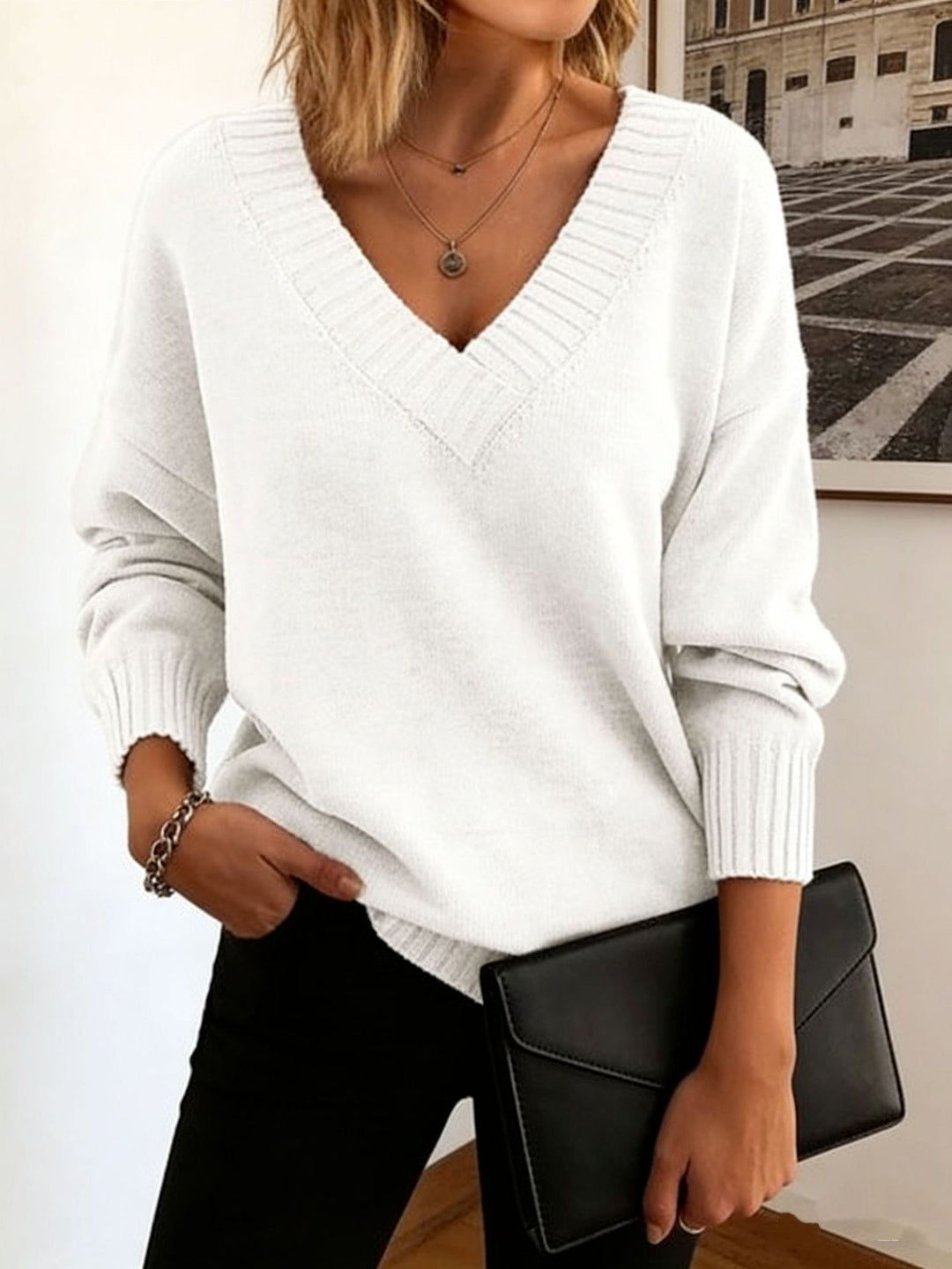 Damen Feinstrickpullover mit tiefem V-Ausschnitt und überschnittener Schulter Shop Nory