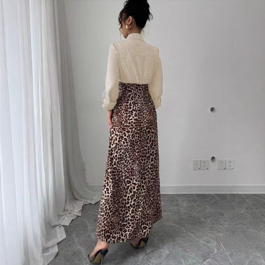 Damen Hemdblusenkleid mit Jeansoberteil und Leoparden-Maxirock Shop Nory