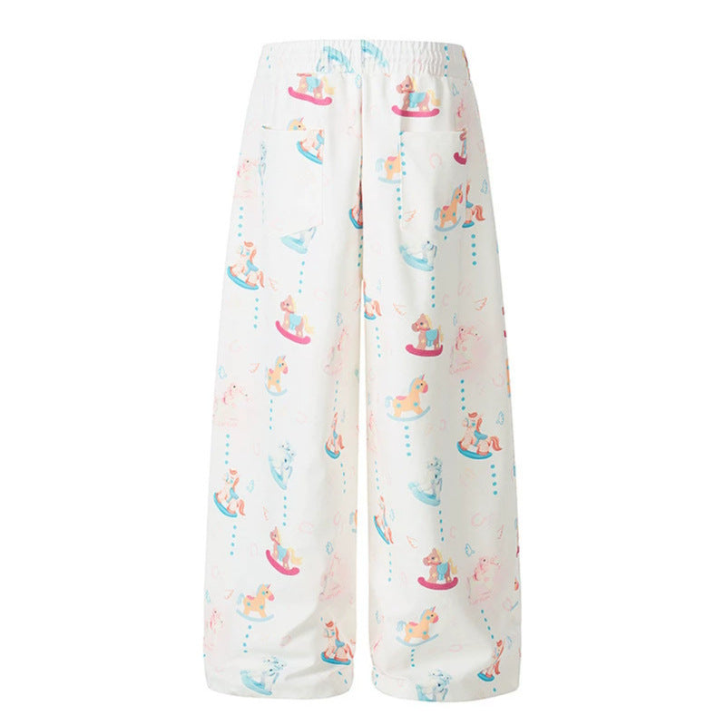 Damen Weite Palazzo-Loungehose mit Komfortbund, Kordelzug und verspieltem Schaukelpferd-Print Shop Nory