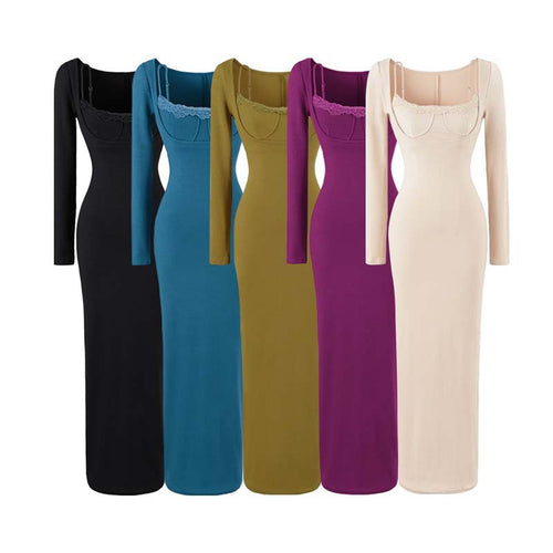 Damen Figurbetontes Maxi-Kleid mit Korsett-Detail, Rippstrick und langen Ärmeln Shop Nory