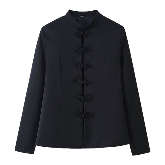 Damen Taillierte Mandarinkragen-Jacke mit dekorativen Kordelknöpfen Shop Nory