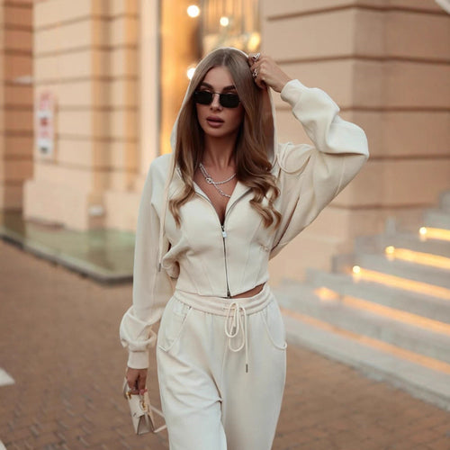 Damen tailliertes Kurzzip-Hoodie mit Statement-Ärmeln und weiter High-Waist Palazzo-Hose Shop Nory