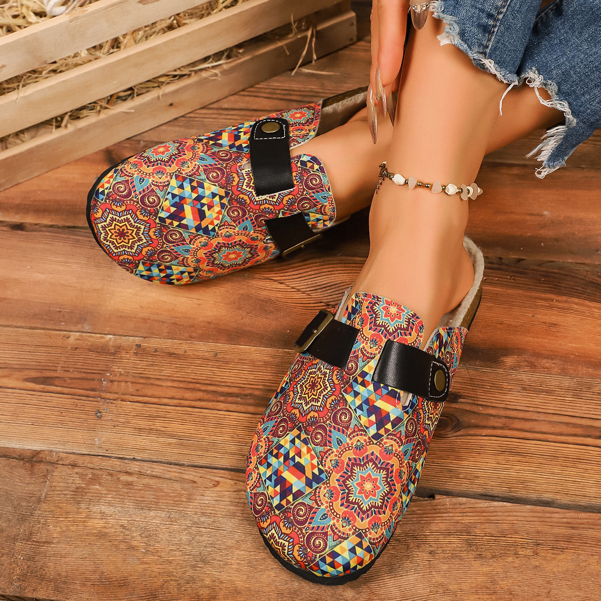 Damen Freizeit-Sandalen mit buntem geometrischen Design und verstellbarem Riemen Shopnory