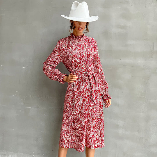 Damen Midikleid mit Stehkragen, Taillengürtel und Volantärmeln Shop Nory