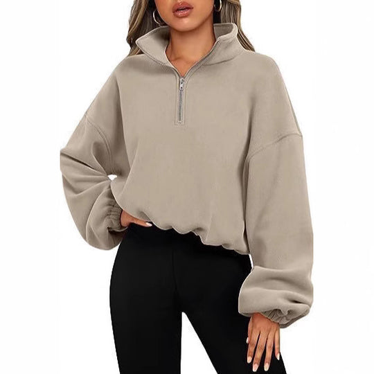 Damen nan kurz geschnittenes Halbzip-Sweatshirt mit hohem Stehkragen, Ballonärmeln und elastischem Saum Shop Nory