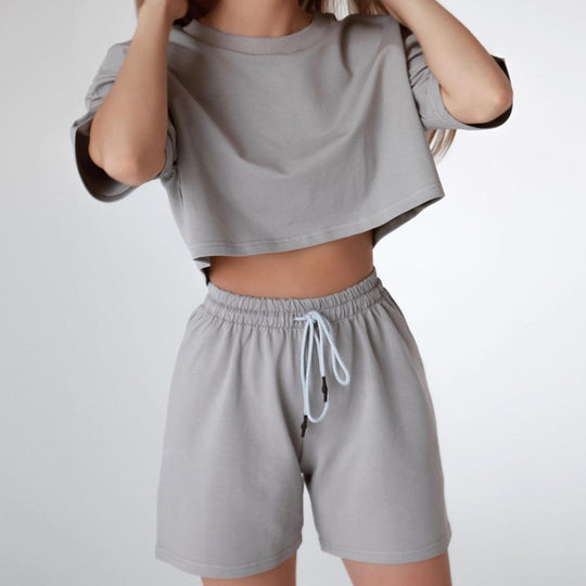 Damen Zweiteiliges Cropped-Lounge-Set aus Baumwolljersey mit elastischer Kordelzug-Shorts Shop Nory