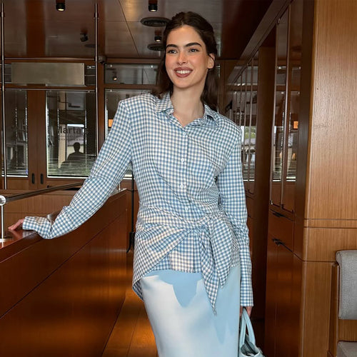 Damen Gingham-Wickelbluse mit seitlicher Taillenbinde und Hemdkragen Shop Nory