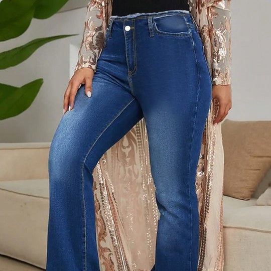 Damen Hochgeschnittene Elastische Jeans mit Bootcut und ausgefranstem Saum Shop Nory