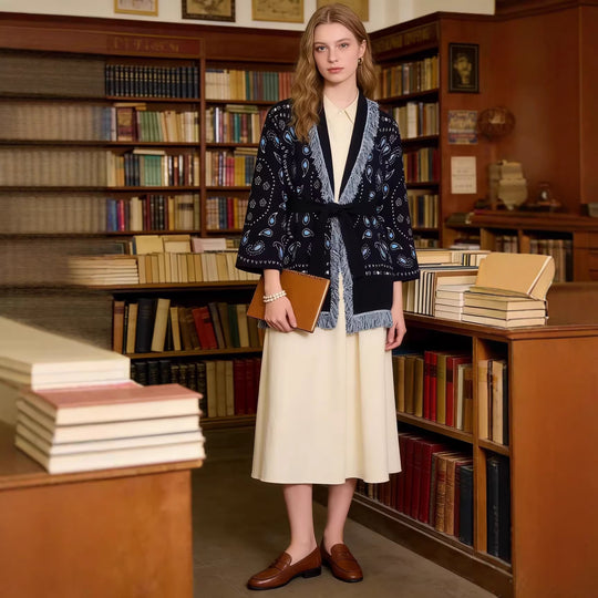 Damen Fransen-Strickjacke mit Paisley-Jacquard, Taillengürtel und offener Kimono-Silhouette Shop Nory