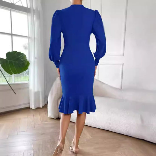 Damen nan tailliertes Pencil-Midikleid mit Stehkragen, ballonärmeln und Glockenvolant Shop Nory