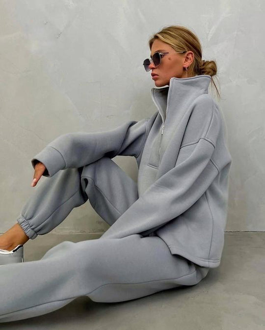 Damen lässiges Fleece-Set mit halbem Reißverschluss und weitem Schnitt