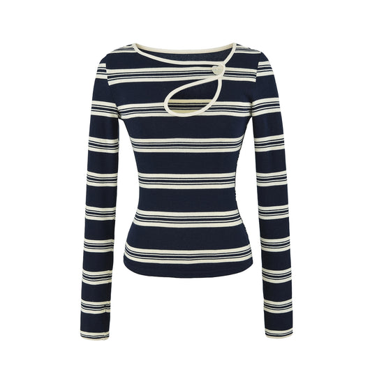 Damen Gestreiftes Feinstrick-Top mit asymmetrischem Herzknopf Shop Nory