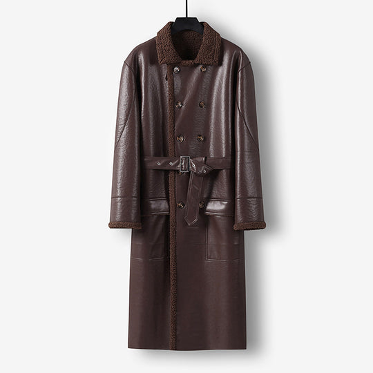 Herren Maxilanger Lederimitat-Mantel mit Teddyfutter, doppelreihiger Knopfleiste und Taillengürtel Shop Nory