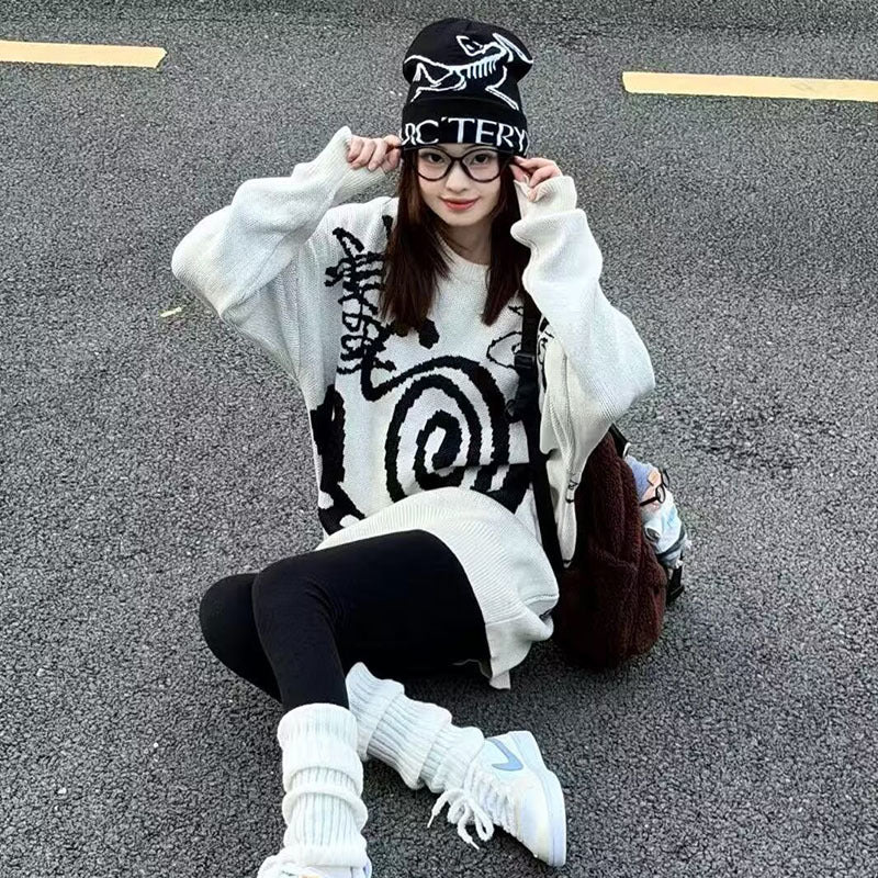 Damen Lässiger Grobstrickpullover mit einzigartigem Kunstmotiv Shop Nory