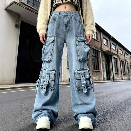 Damen Weite Cargo-Jeanshose mit mehreren aufgesetzten Taschen und Utility-Details Shop Nory