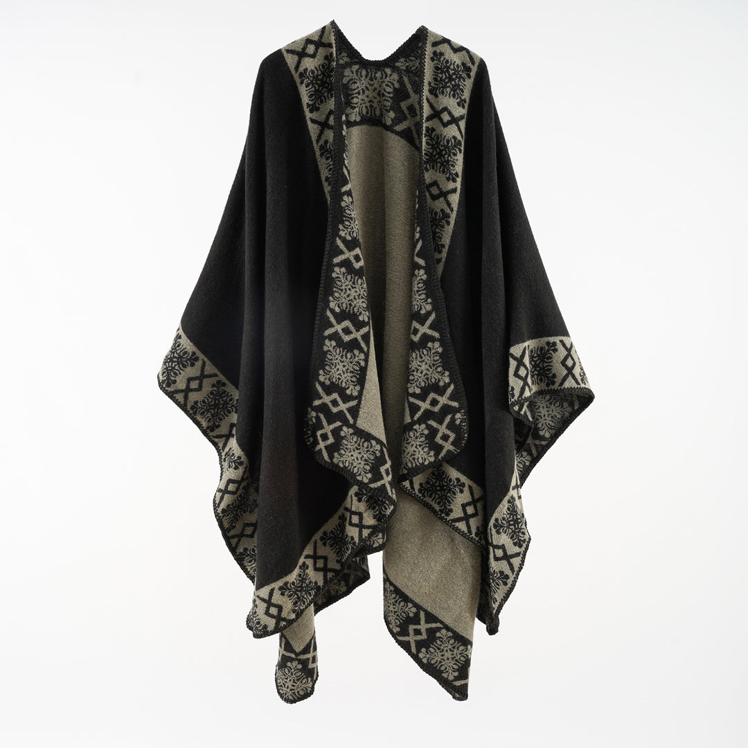Damen Oversize-Umhangponcho aus Wollmix mit gewebter Bordüren-Jacquard und Zierkettelnaht Shop Nory