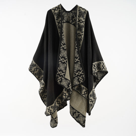 Damen Oversize-Umhangponcho aus Wollmix mit gewebter Bordüren-Jacquard und Zierkettelnaht Shop Nory