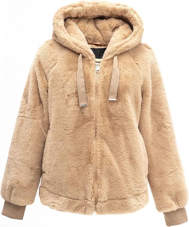 Damen Kapuzen‑Teddyjacke aus weichem Faux‑Fur mit Reißverschluss und Rippbündchen Shop Nory