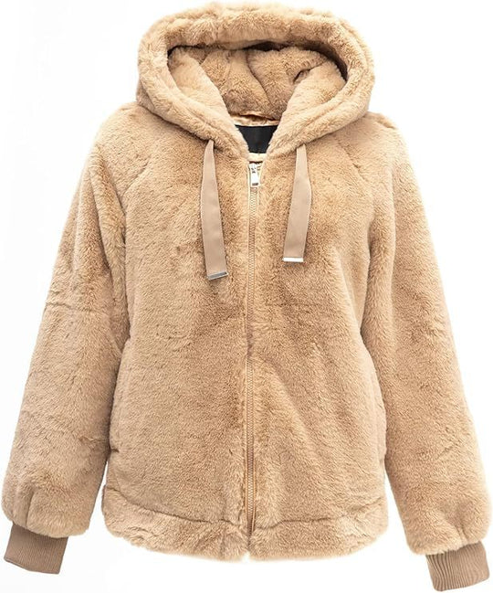Damen Kapuzen‑Teddyjacke aus weichem Faux‑Fur mit Reißverschluss und Rippbündchen Shop Nory