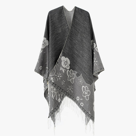 Damen Überwurfponcho im Kimono‑Stil aus Jacquardstrick mit floralem Bordürenmotiv und Fransensaum Shop Nory