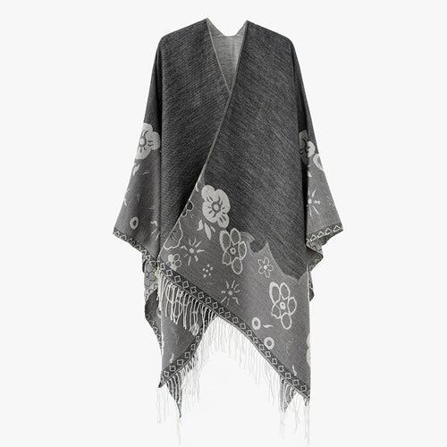 Damen Überwurfponcho im Kimono‑Stil aus Jacquardstrick mit floralem Bordürenmotiv und Fransensaum Shop Nory