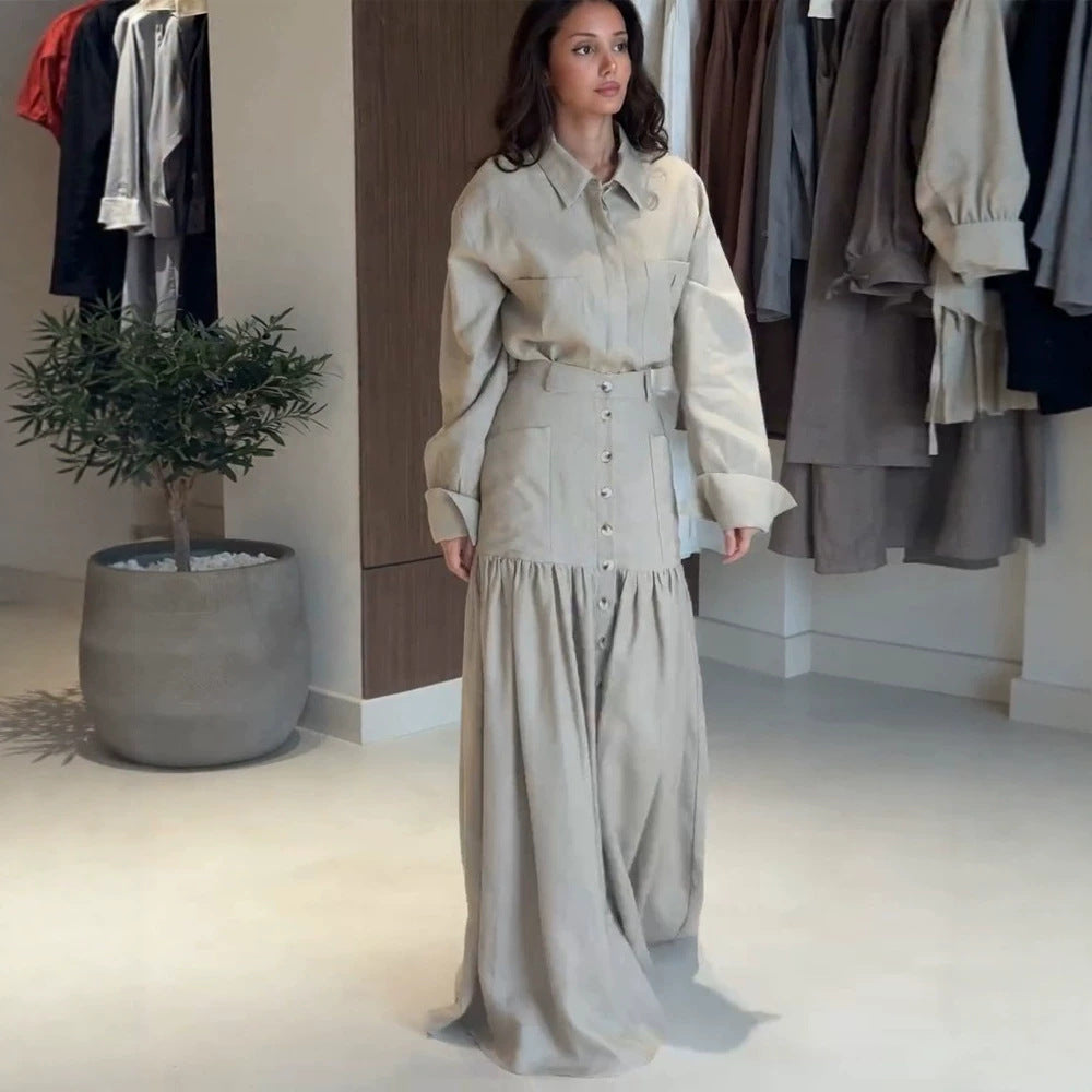 Damen Zweiteiliges Oversize-Hemd und Maxirock-Set mit hoher Taille & durchgehender Knopfleiste Shop Nory