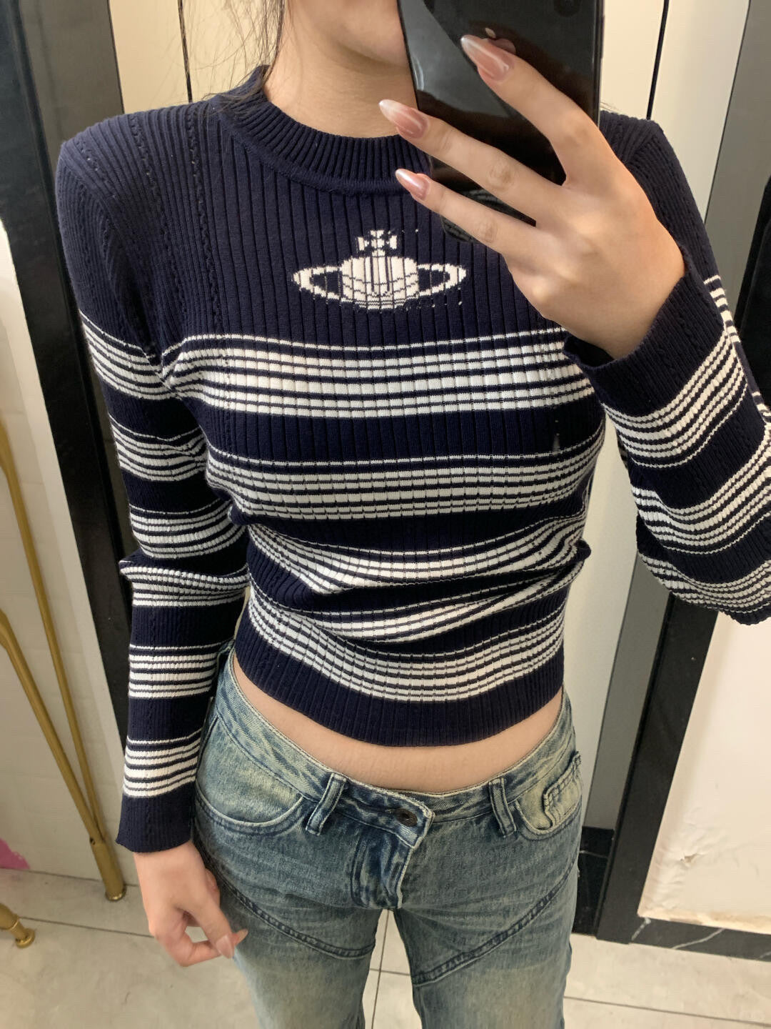 Damen Modischer Rippstrickpullover mit Streifen Shop Nory