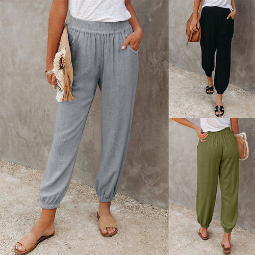Damen lässige Leinen-Hose mit elastischem Bund und Gummizug