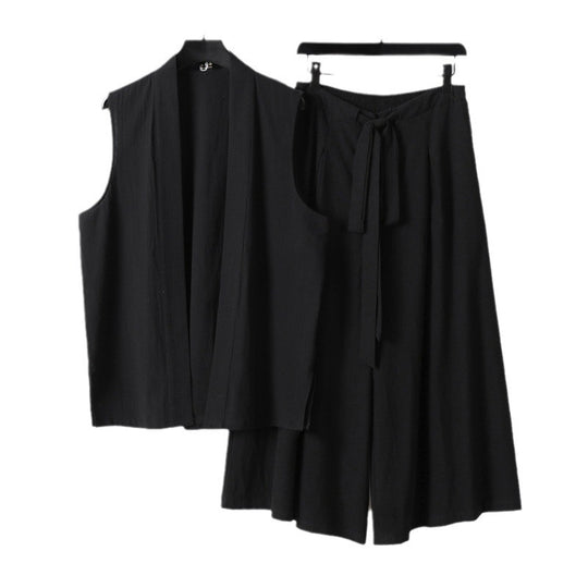 Damen Ärmellose Kimono-Weste und Hochtaillierte Culotte-Hose mit Bindegürtel Shop Nory