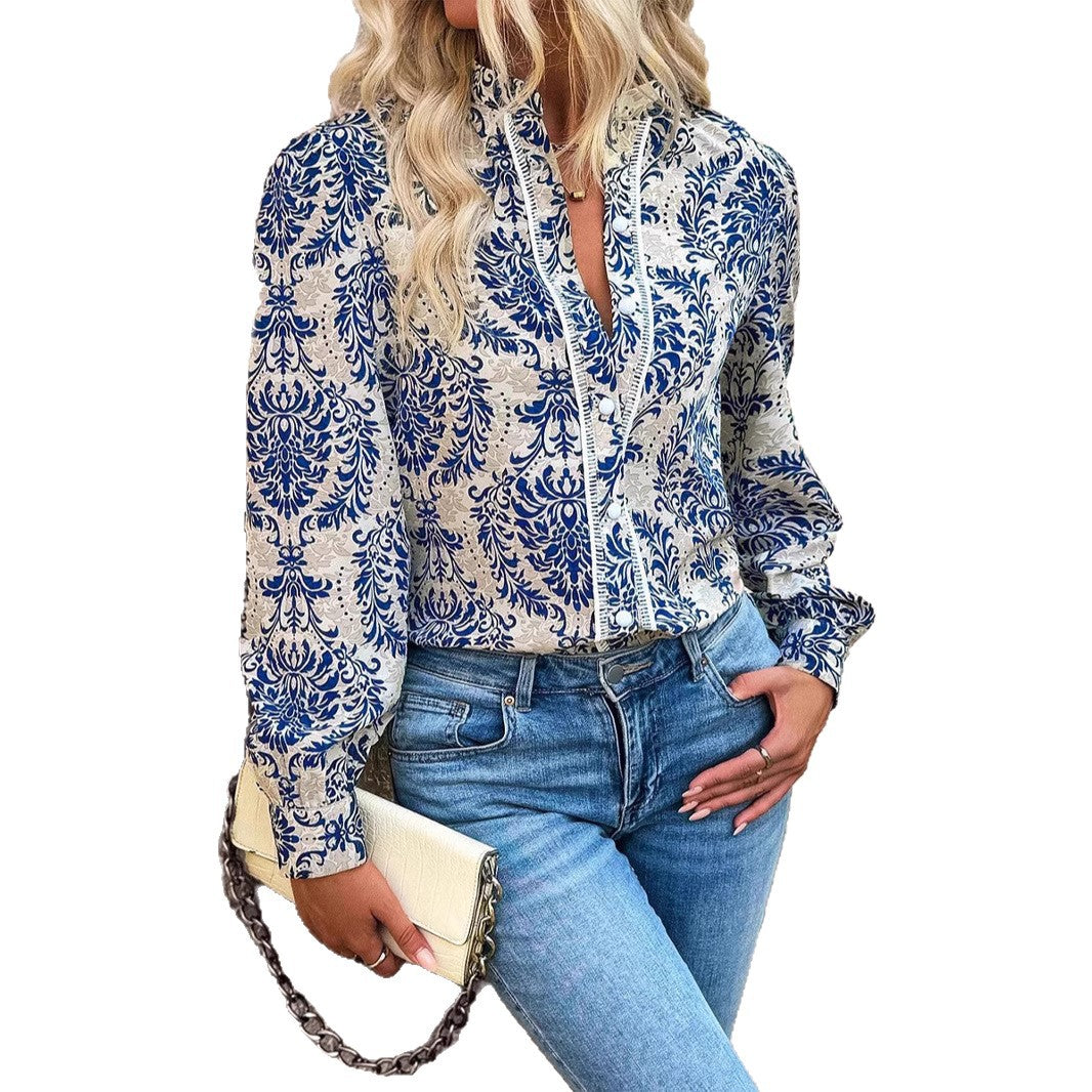 Damen Leichte Boho-Bluse mit Barockprint, Spitzenbesatz und Knopfleiste Shop Nory