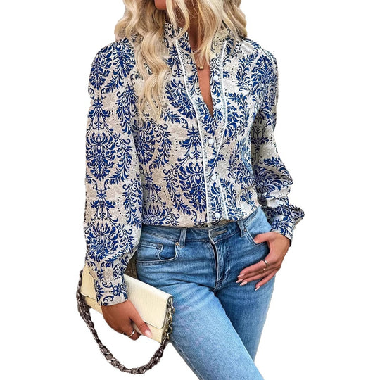 Damen Leichte Boho-Bluse mit Barockprint, Spitzenbesatz und Knopfleiste Shop Nory