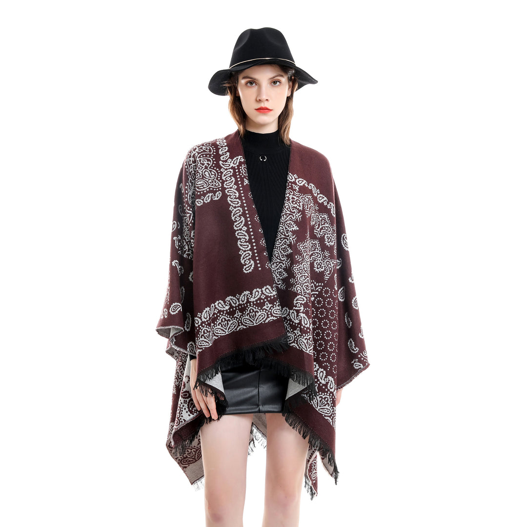 Damen Jacquard-Umhangponcho mit Paisley-Muster und Fransen Shop Nory